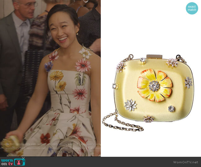 Roger Vivier Blossom Satin Clutch worn by Lily Goldenblatt (Cathy Ang) on And Just Like That