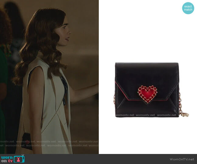 Roger Vivier Heart Strass mini wallet worn by Emily Cooper (Lily Collins) on Emily in Paris