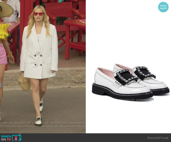 Roger Vivier Viv Rangers Strass Stitch leather loafers worn by Camille (Camille Razat) on Emily in Paris
