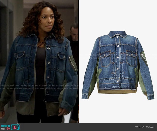 Sacai Contrast-panel denim and shell jacket worn by Cassie Dewell (Kylie Bunbury) on Big Sky