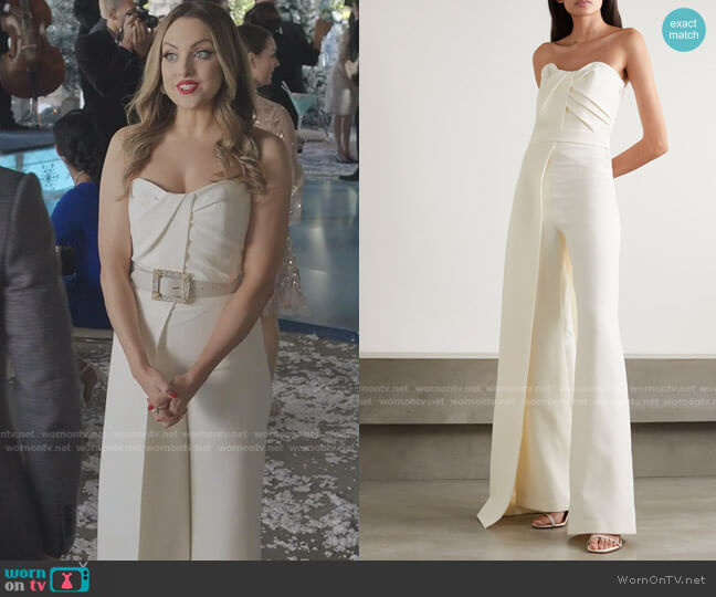 Safiyaa Layered strapless crepe jumpsuit worn by Fallon Carrington (Elizabeth Gillies) on Dynasty