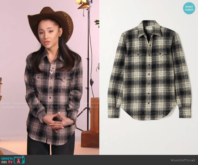Saint Laurent Checked Wool-Flannel Shirt worn by Ariana Grande on The Voice