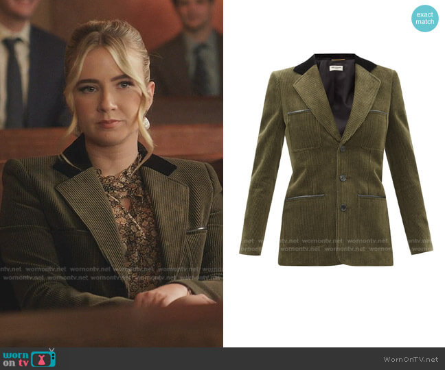 Saint Lauren Leather-Trimmed Corduroy Jacket worn by Amanda Carrington (Eliza Bennett) on Dynasty