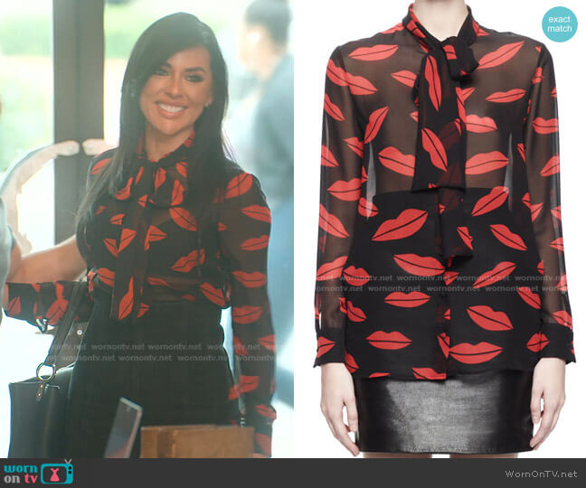 Saint Laurent Lips Georgette Tie Blouse worn by Vanessa Villela on Selling Sunset
