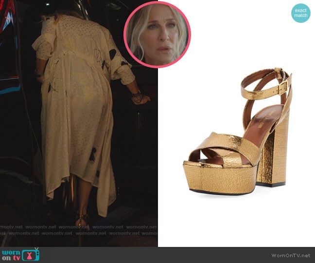 Saint Laurent Farrah Crackled Metallic Leather Platform Sandal worn by Carrie Bradshaw (Sarah Jessica Parker) on And Just Like That