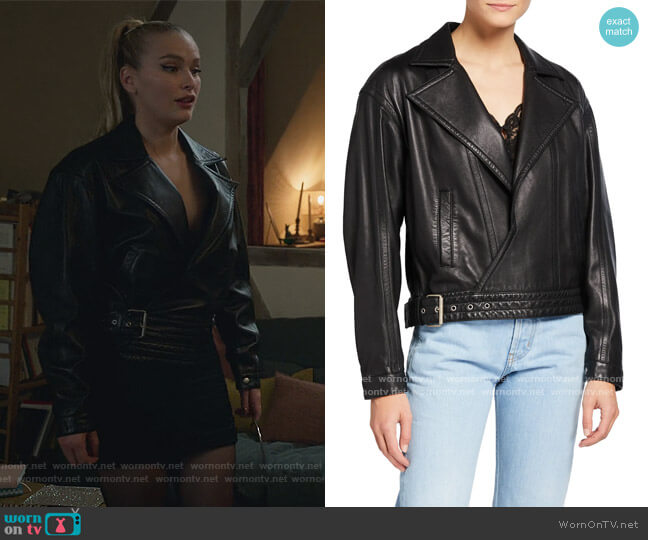 Saint Laurent Black Leather Oversized Motorcycle Jacket worn by Camille (Camille Razat) on Emily in Paris
