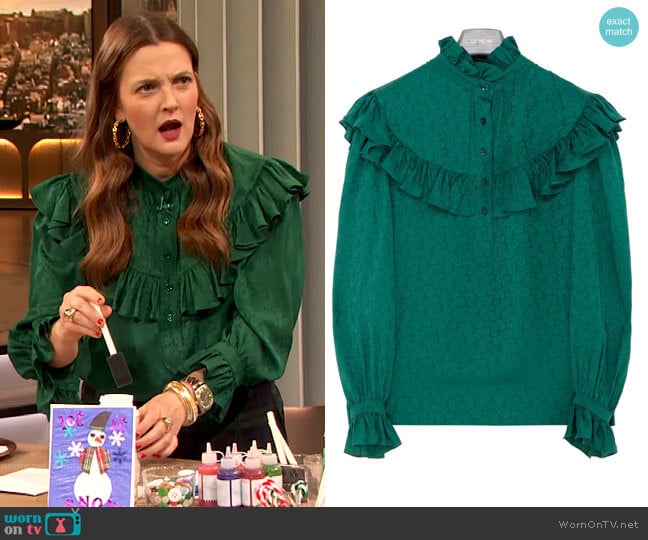 Saint Laurent Ruffled Silk Blouse worn by Drew Barrymore on The Drew Barrymore Show