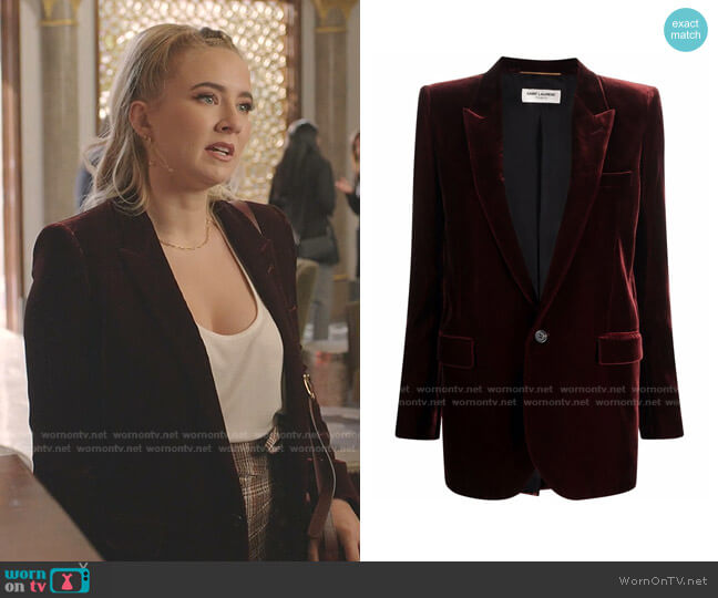 Saint Laurent Velvet blazer worn by Amanda Carrington (Eliza Bennett) on Dynasty