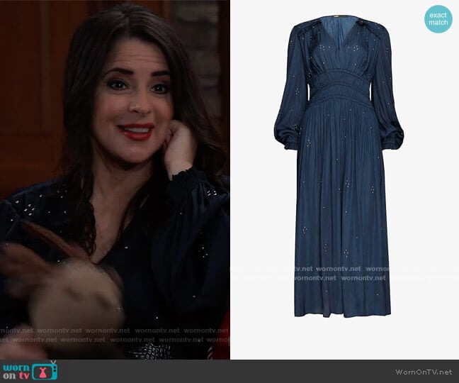 Maje Rianni rhinestone-embellished woven maxi dress worn by Sam McCall (Kelly Monaco) on General Hospital