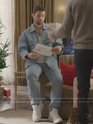 Sam’s monogram print denim jacket and pants on Dynasty