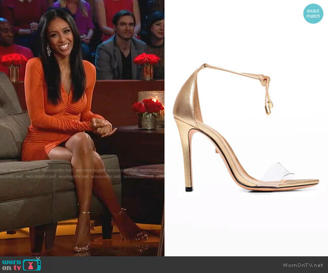 Schutz Josseana Open Toe Nubuck High-Heel Sandals worn by Tayshia Adams on The Bachelorette