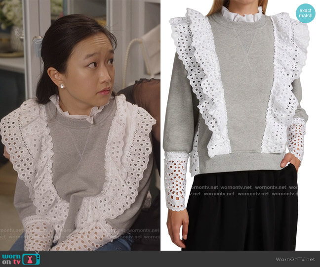 Sea Eyelet Lace-Trimmed Sweater worn by Lily Goldenblatt (Cathy Ang) on And Just Like That