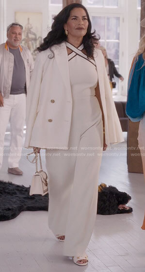 Seema’s white cross neck jumpsuit on And Just Like That