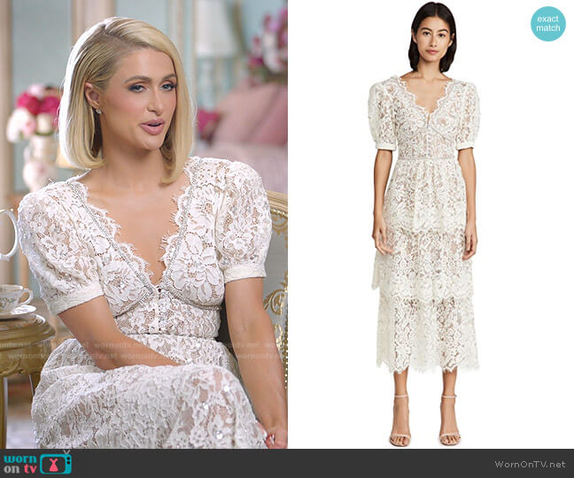 Self Portrait Lace Tiered Midi Dress worn by Paris Hilton on Paris in Love