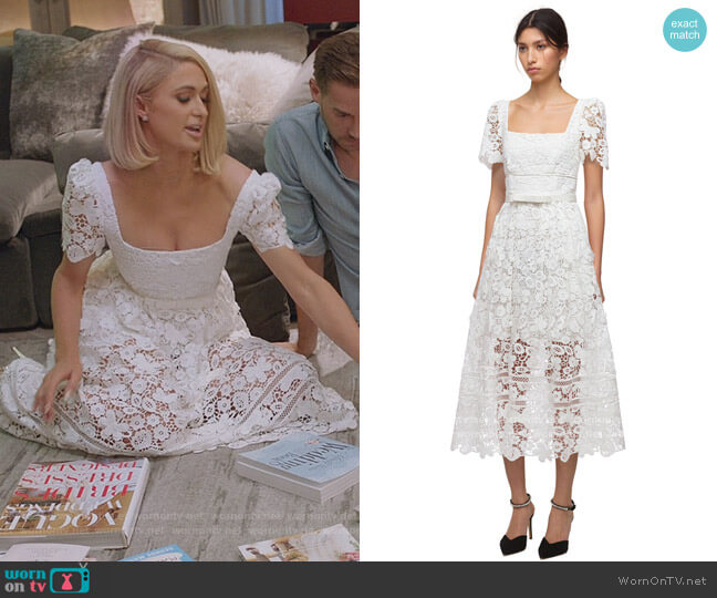 Self Portrait Guipure lace midi dress worn by Paris Hilton on Paris in Love
