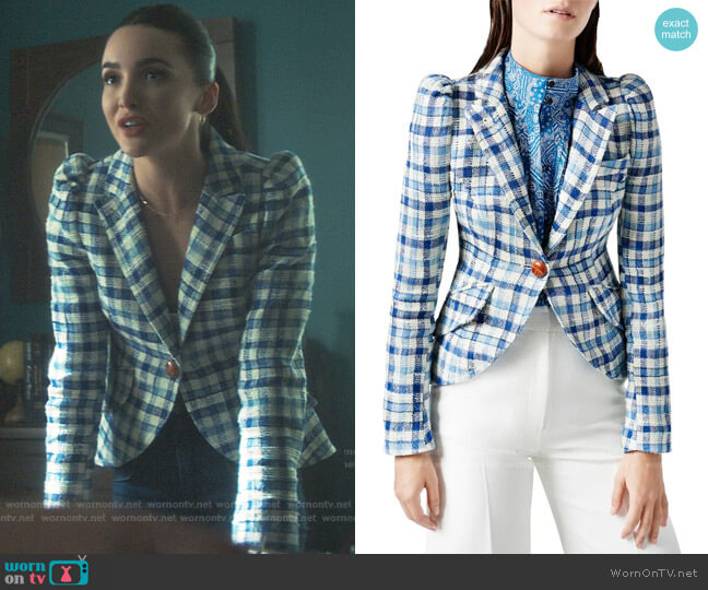 Smythe Pouf Sleeve Check Linen Blend Blazer worn by Bess (Maddison Jaizani) on Nancy Drew