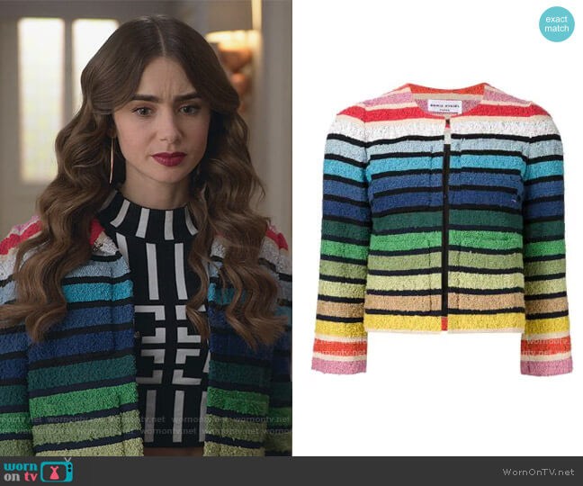Sonia Rykiel Rainbow Cropped Jacket worn by Emily Cooper (Lily Collins) on Emily in Paris