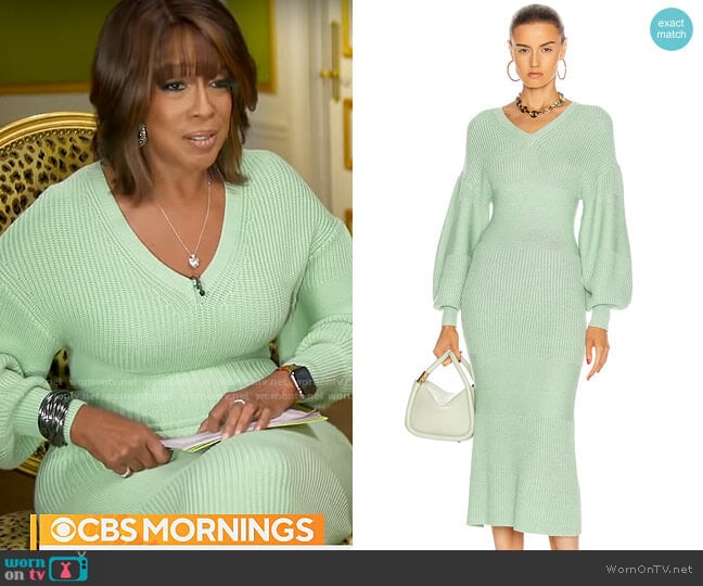 Staud Carnation Dress in Sage worn by Gayle King on CBS Mornings