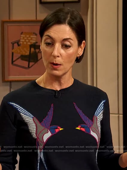 Mary McCartney’s blue bird embroidered sweater on The Drew Barrymore Show