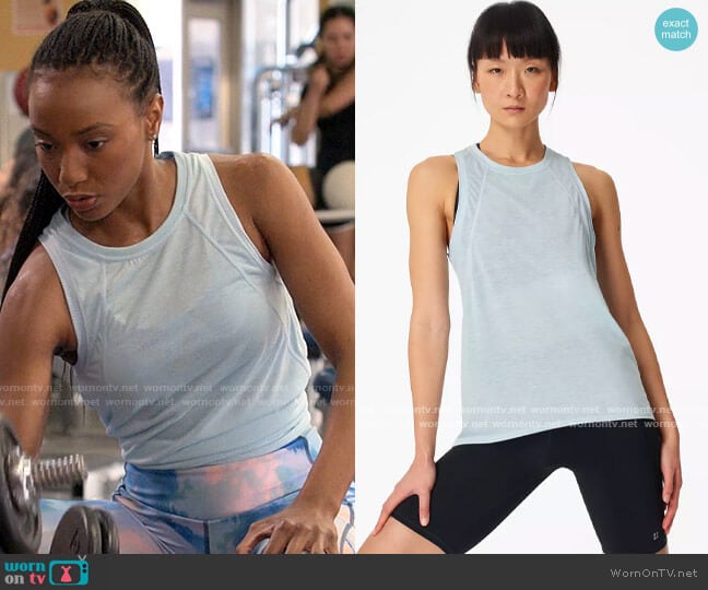 Sweaty Betty Pacesetter Tank in Ice Blue worn by Whitney Chase (Alyah Chanelle Scott) on The Sex Lives of College Girls