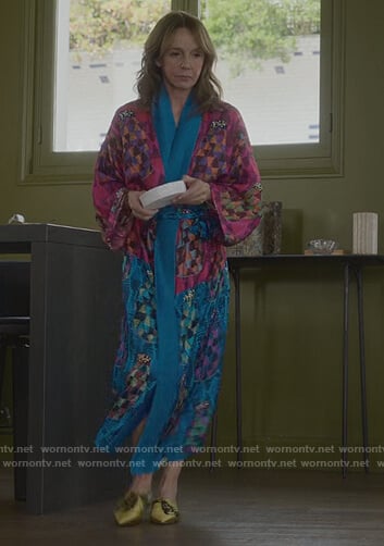 Sylvie’s floral print kimono jacket on Emily in Paris