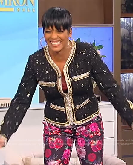 Tamron’s black embroidered jacket and floral pants on Tamron Hall Show