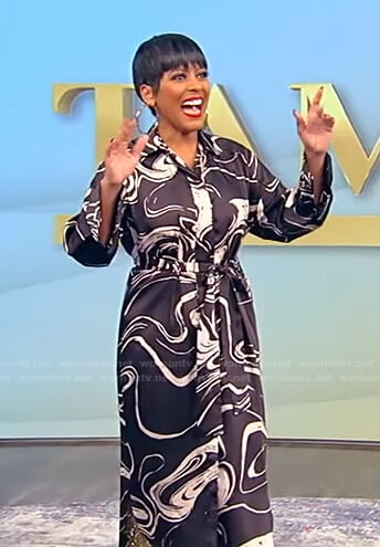Tamron’s black printed shirtdress on Tamron Hall Show