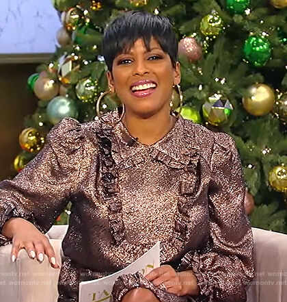 Tamron’s metallic ruffle mini dress on Tamron Hall Show