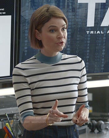 Taylor’s white striped short sleeve sweater on Bull