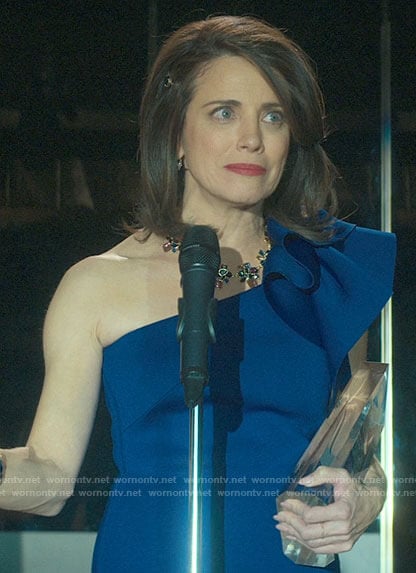 Tessa’s blue one-shoulder dress on Guilty Party