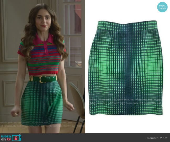 Thierry Mugler Check Skirt worn by Emily Cooper (Lily Collins) on Emily in Paris