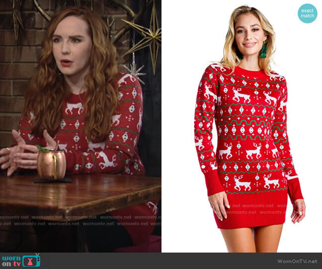 Tipsy Elves Red Reindeer Sweater Dress worn by Mariah Copeland (Camryn Grimes) on The Young and the Restless