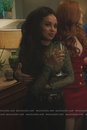 Toni’s green snakeskin print mesh top on Riverdale