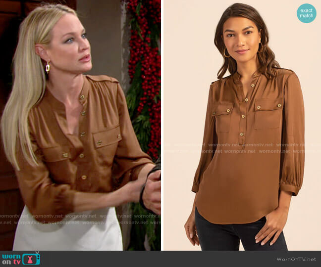 Trina Turk Blue Sky Top in Toasted Coconut worn by Sharon Newman (Sharon Case) on The Young and the Restless