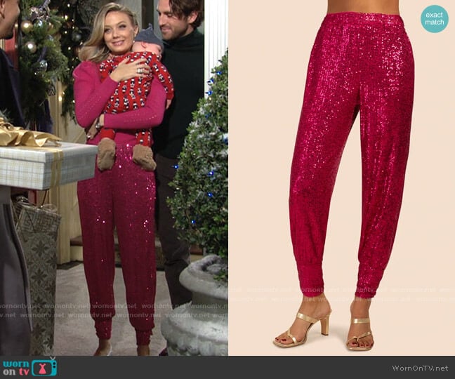 Trina Turk Sparkler 2 Pant in Pink Peacock worn by Abby Newman (Melissa Ordway) on The Young and the Restless
