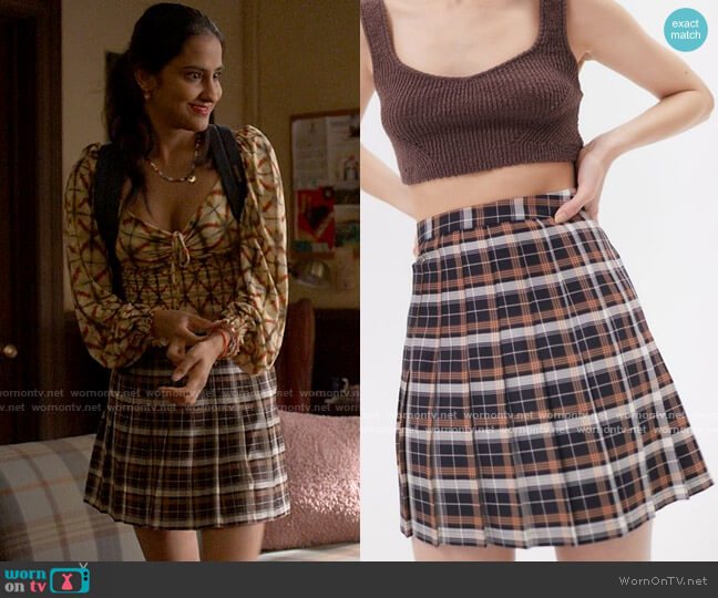 Urban Outfitters Mary Plaid Pleated Mini Skirt worn by Bela Malhotra (Amrit Kaur) on The Sex Lives of College Girls