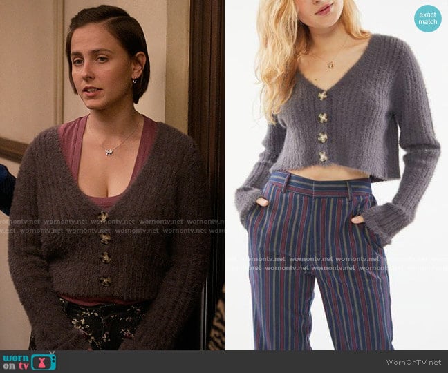 Urban Outfitters Rochelle Fuzzy Cropped Cardigan worn by Kimberly Finkle (Pauline Chalamet) on The Sex Lives of College Girls