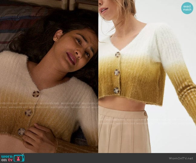 Urban Outfitters Lesley Dip-Dye Cardigan worn by Bela Malhotra (Amrit Kaur) on The Sex Lives of College Girls