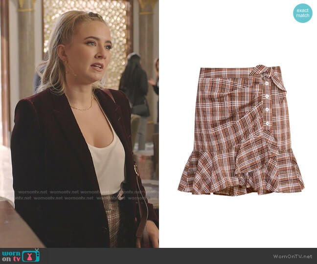Veronica Beard Kaia Plaid Miniskirt worn by Amanda Carrington (Eliza Bennett) on Dynasty