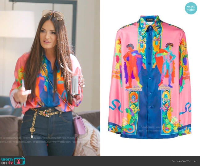 Versace Greek Statue Printed Shirt worn by Lisa Barlow on The Real Housewives of Salt Lake City