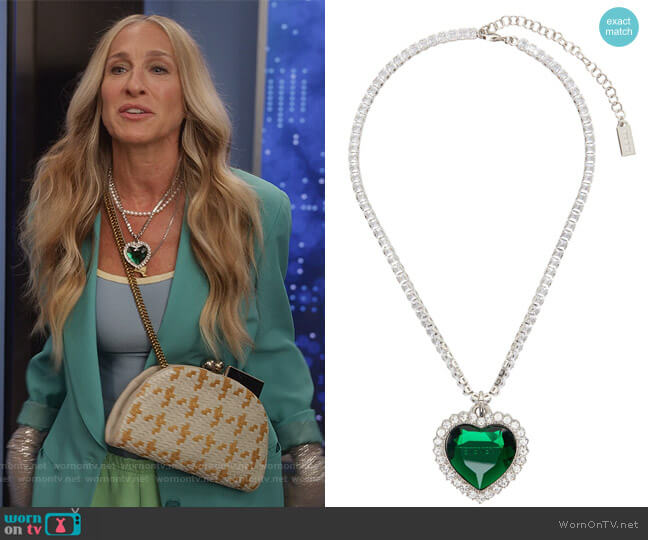 Vetements Silver & Green Crystal Heart Necklace worn by Carrie Bradshaw (Sarah Jessica Parker) on And Just Like That
