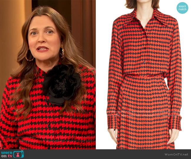 Victoria Beckham Houndstooth Blouse worn by Drew Barrymore on The Drew Barrymore Show