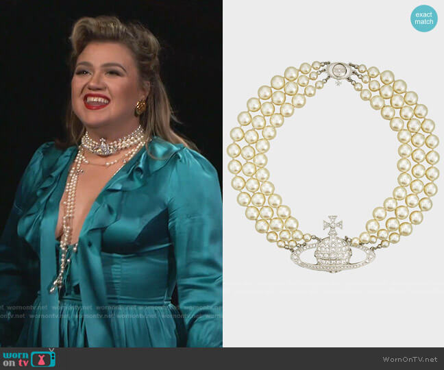 Vivienne Westwood Three Row Pearl Bas Relief Choker worn by Kelly Clarkson on The Voice