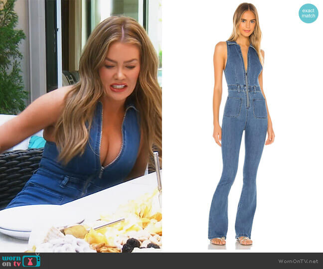 We Wore What Sleeveless Flare Stretch Denim Jumpsuit worn by Heather Dubrow on The Real Housewives of Orange County