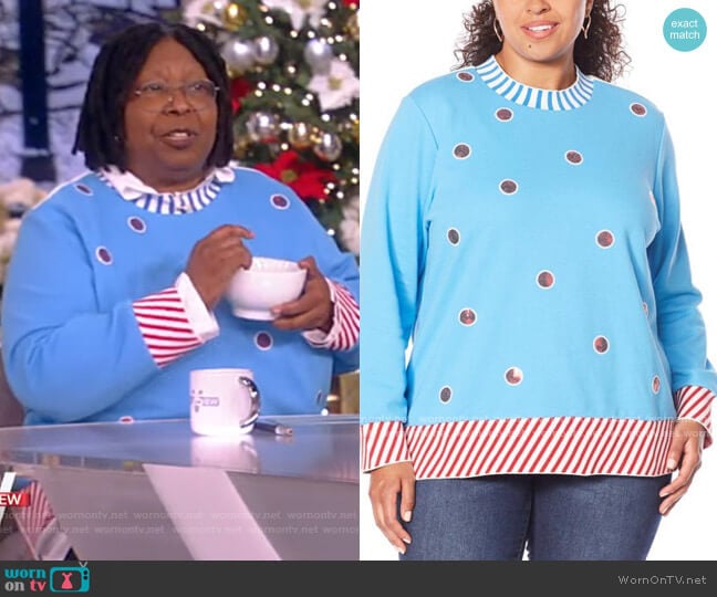 Whoopi Surfing Santa French Terry Pullover Sweater worn by Whoopi Goldberg on The View