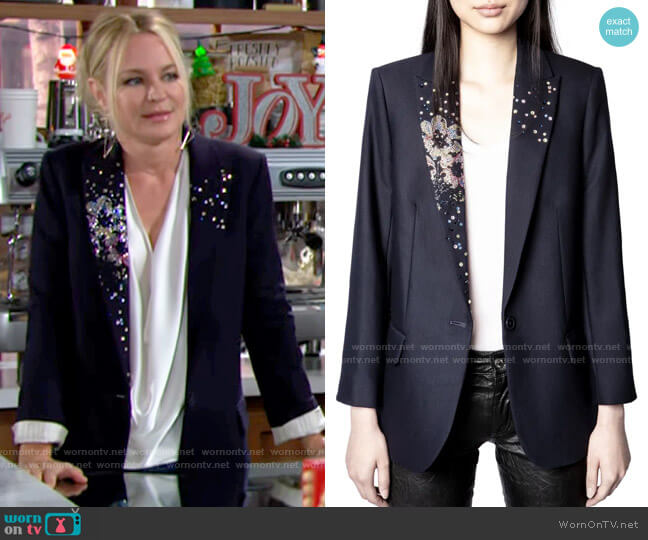 Zadig & Voltaire Viva Strass Flower Embellished Blazer worn by Sharon Newman (Sharon Case) on The Young and the Restless
