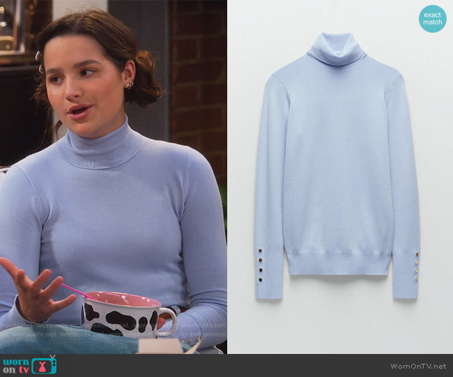 WornOnTV: Lex's blue sweater and printed jeans on Side Hustle