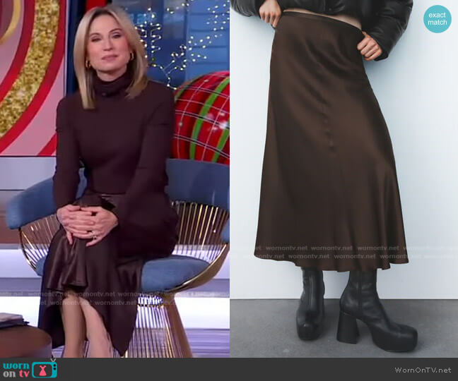 Zara Satin Effect Midi Skirt worn by Amy Robach on Good Morning America