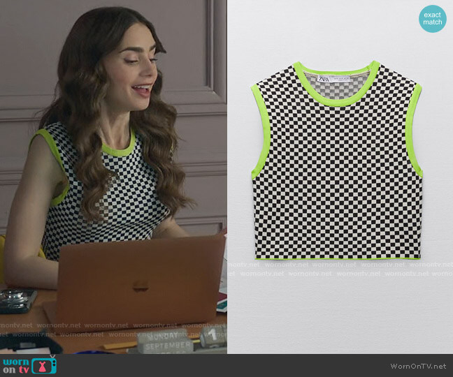 Zara Check Knit Top worn by Emily Cooper (Lily Collins) on Emily in Paris