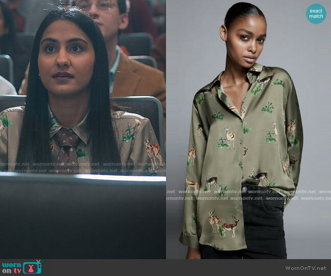 Zara Printed Satin Shirt worn by Bela Malhotra (Amrit Kaur) on The Sex Lives of College Girls